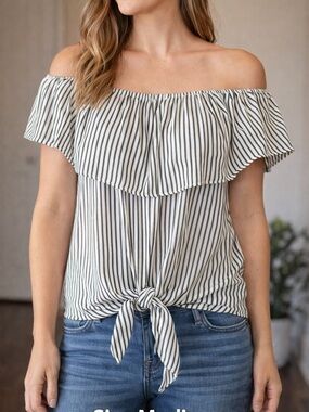 Striped Off-Shoulder Tie-Front Top in White and Blue